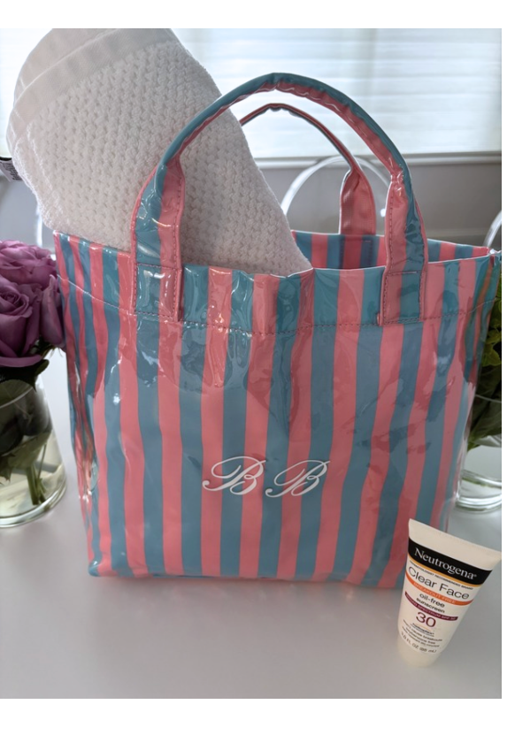 Personalized striped beach bag / waterproof  lt pink/ lt blue
