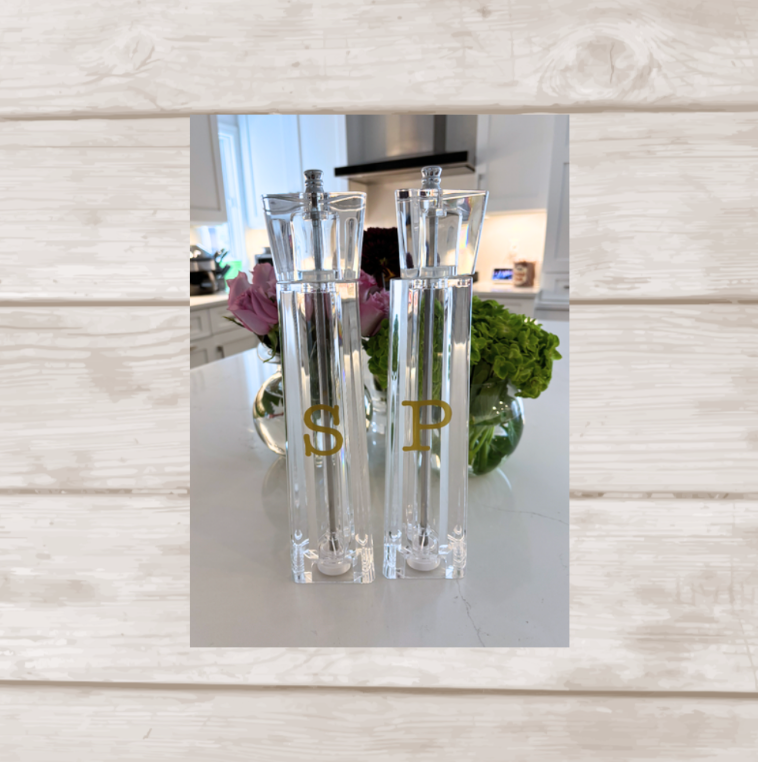 Personalized acrylic 12" salt and pepper shakers- gold - sold as set