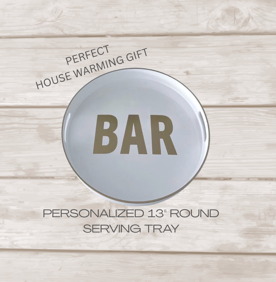 Personalized 13" opaque white round tray with bar in the center