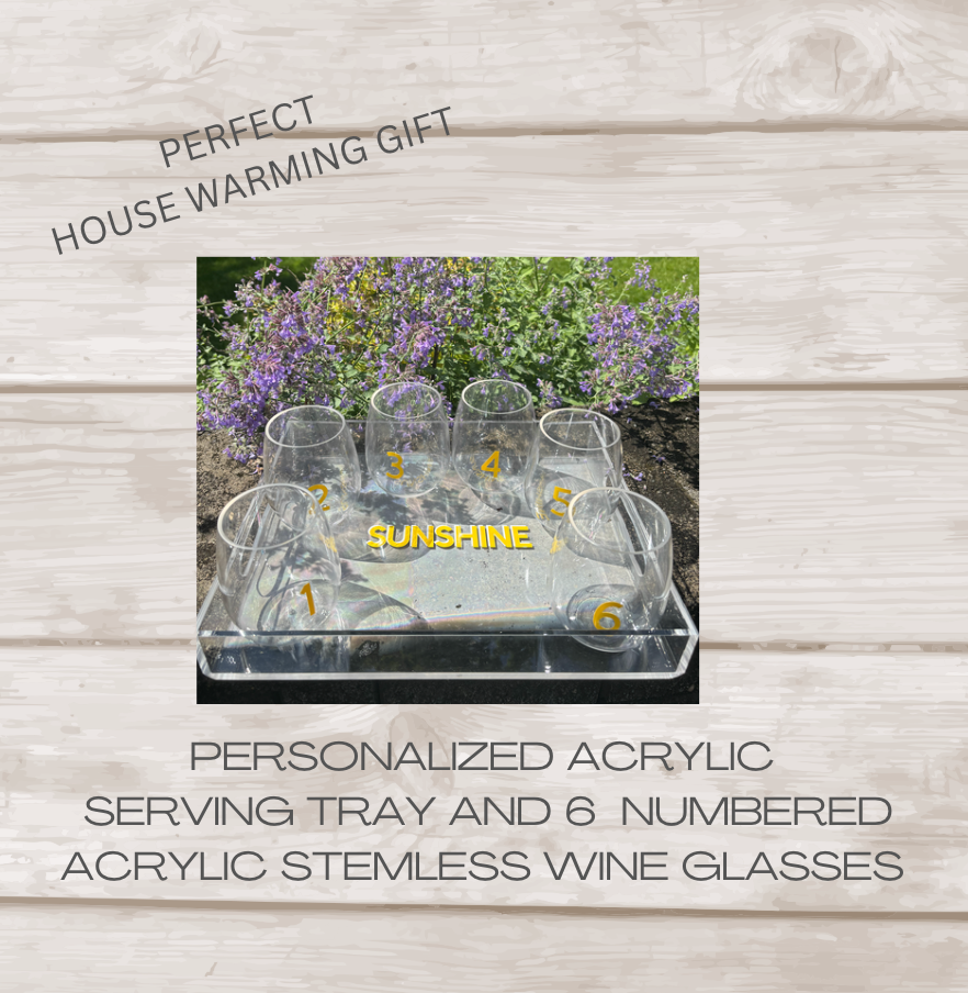 Personalized 11" x 14" clear acrylic tray with your name and 6 stemless wine glasses with vinyl numbers