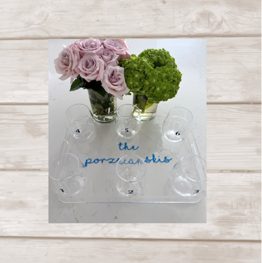 Personalized 11" x 14"  rounded edge acrylic tray with vinyl with 6 acrylic stemless wine glasses