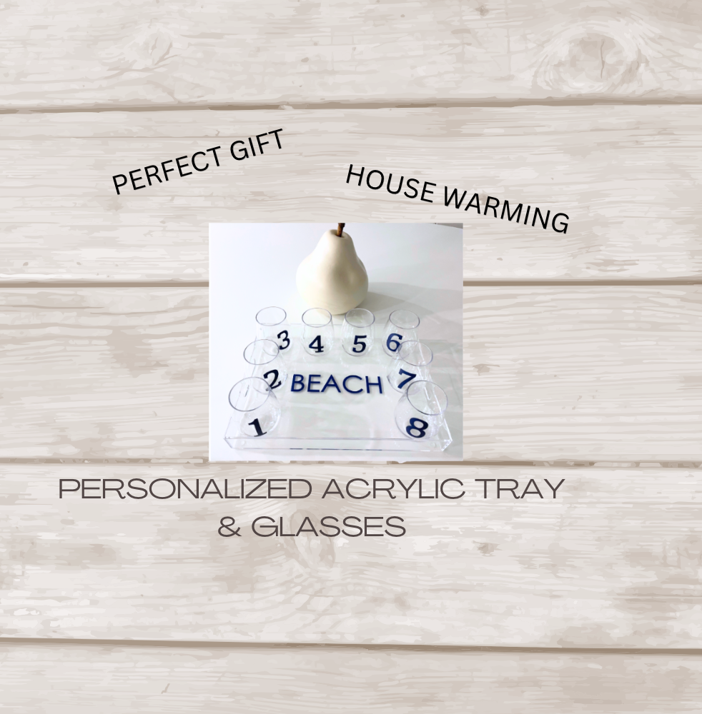 Personalized 11" x 14" clear acrylic tray with vinyl BEACH and 8 stemless wine glasses with numbers