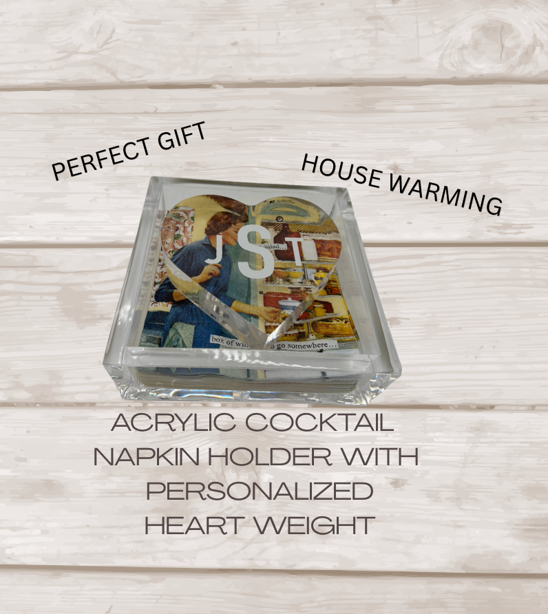 Personalized 6” x 6” acrylic cocktail napkin holder with acrylic heart weight