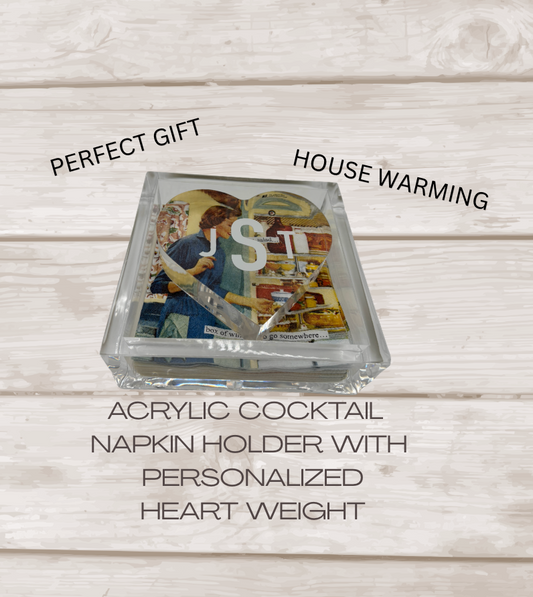 Personalized 6” x 6” acrylic cocktail napkin holder with acrylic heart weight