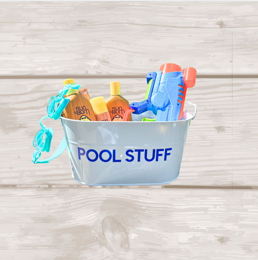 Personalized 12" white galvanized catch all tin - POOL STUFF