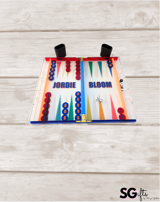 Personalized multi colored acrylic backgammon set with monogrammed tiles