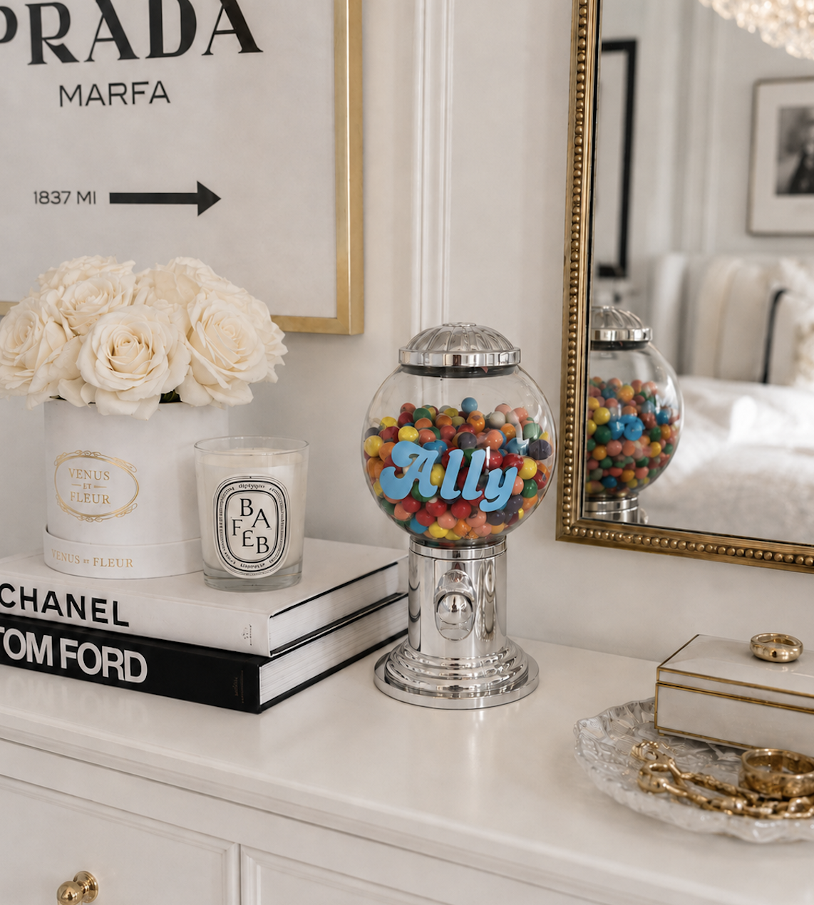 Personalized silver glass and metal gumball machine