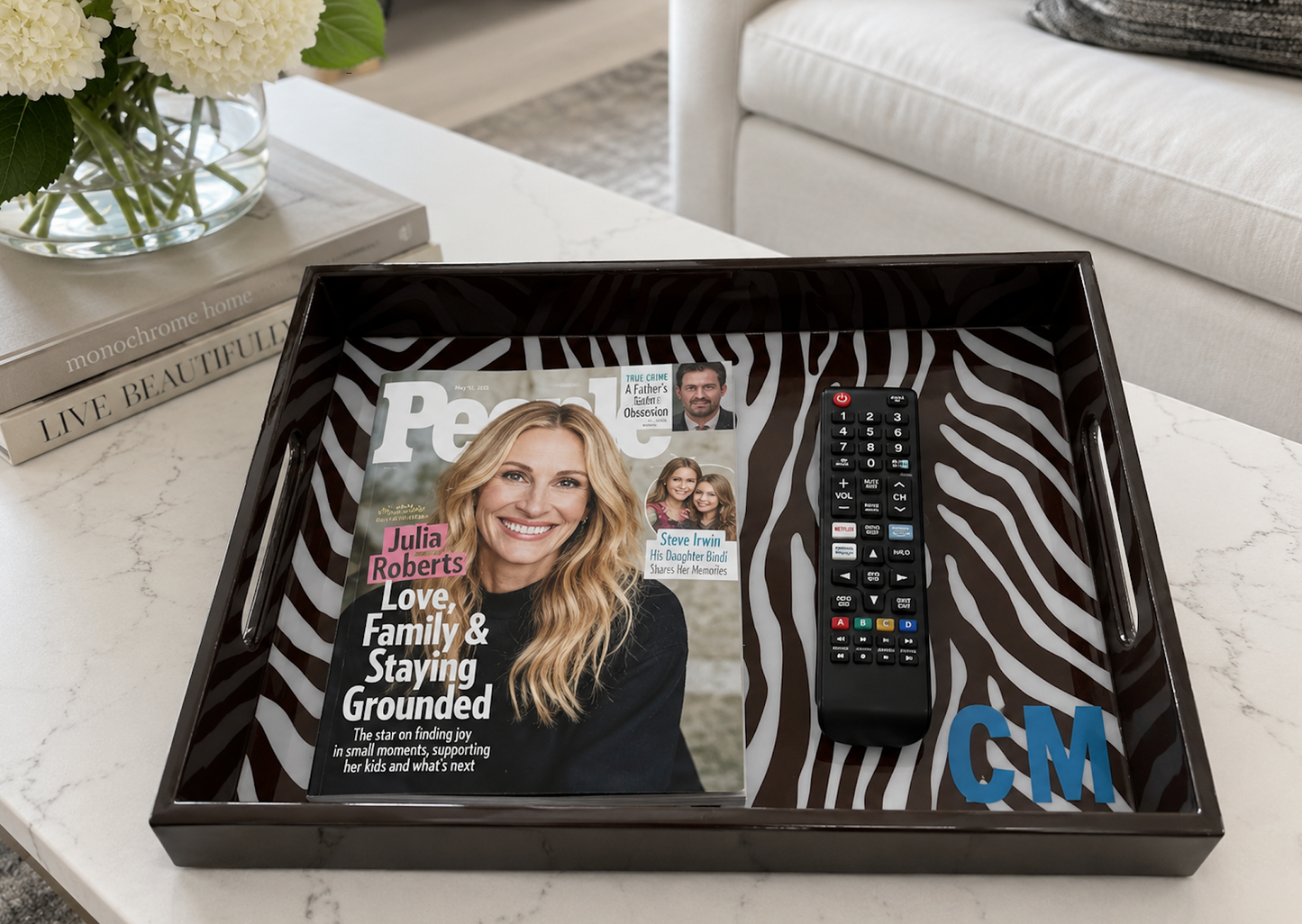 Zebra 11" x 15" lacquer serving tray with Monogram