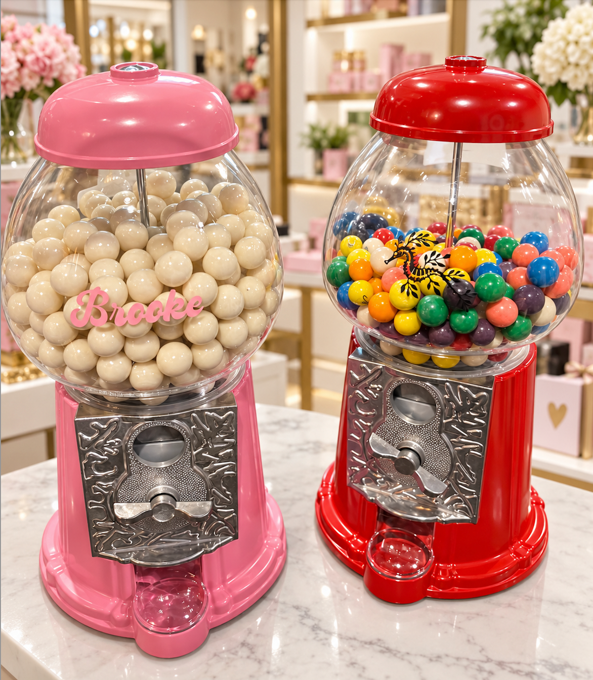 Personalized red or pink glass and metal gumball machine