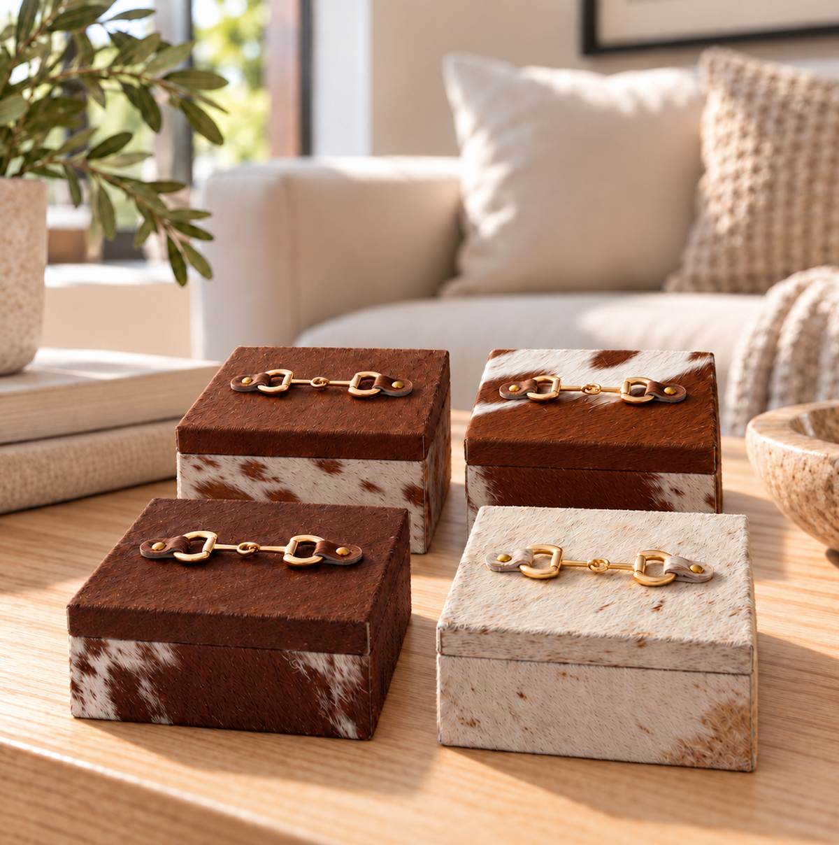 pony hair catch all box- square with gold horse bit on top
