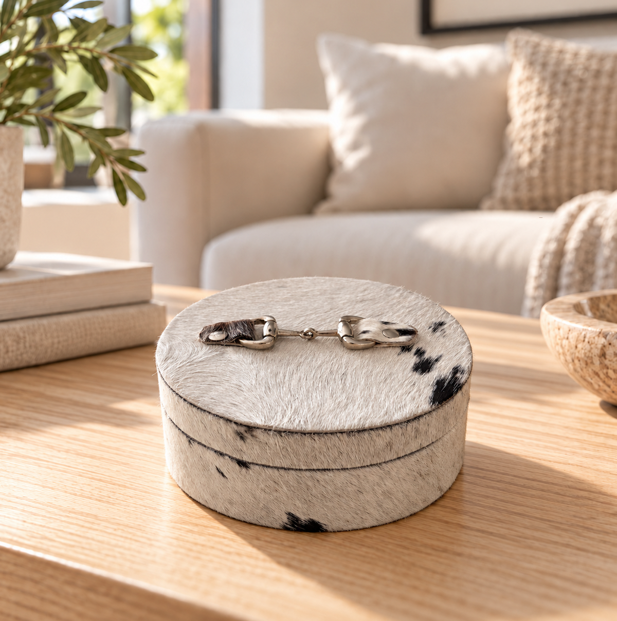 pony hair catch all box- round with silver horse bit on top