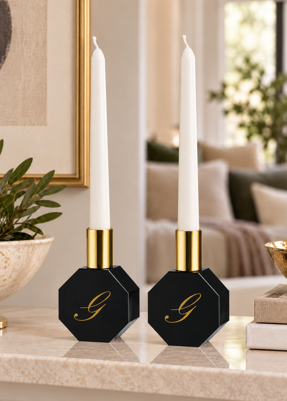 Personalized black crystal octagon candleholder with gold accents- black