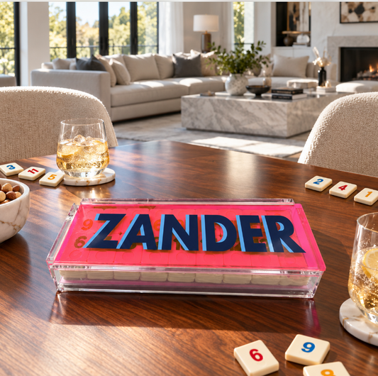 Personalized luxury acrylic rummikub set - transparent hot pink