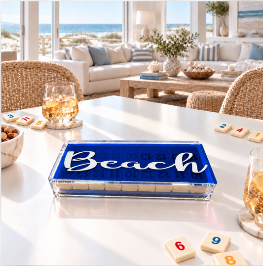 Personalized luxury acrylic rummikub set with your name or monogram -transparent blue