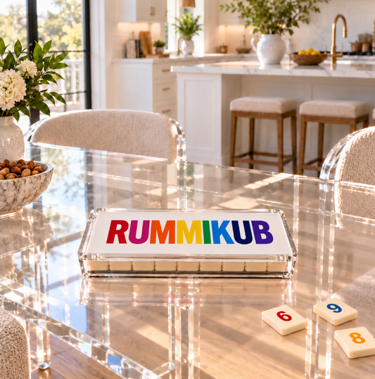 Personalized luxury acrylic rummikub set - custom name on opaque white lid
