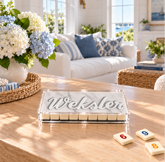 Personalized acrylic rummikub set -opaque white marble