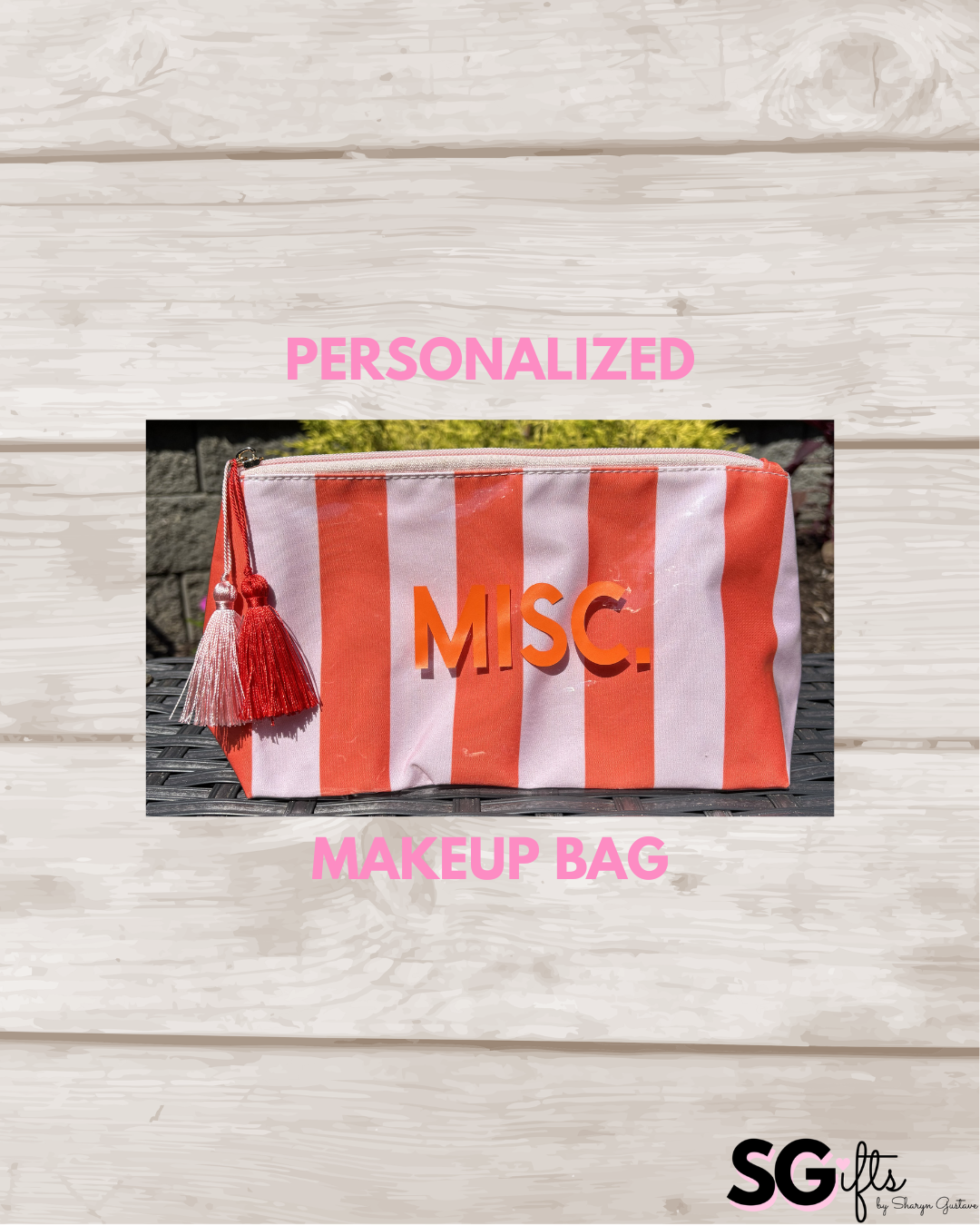 Personalized coated travel makeup bag with tassel closure- pale pink/red