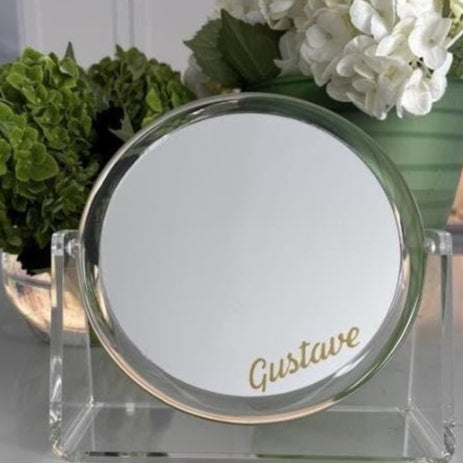 Personalized table top travel mirror w 2x magnification