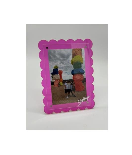 personalized 7" pink scalloped edge acrylic magnetic frame