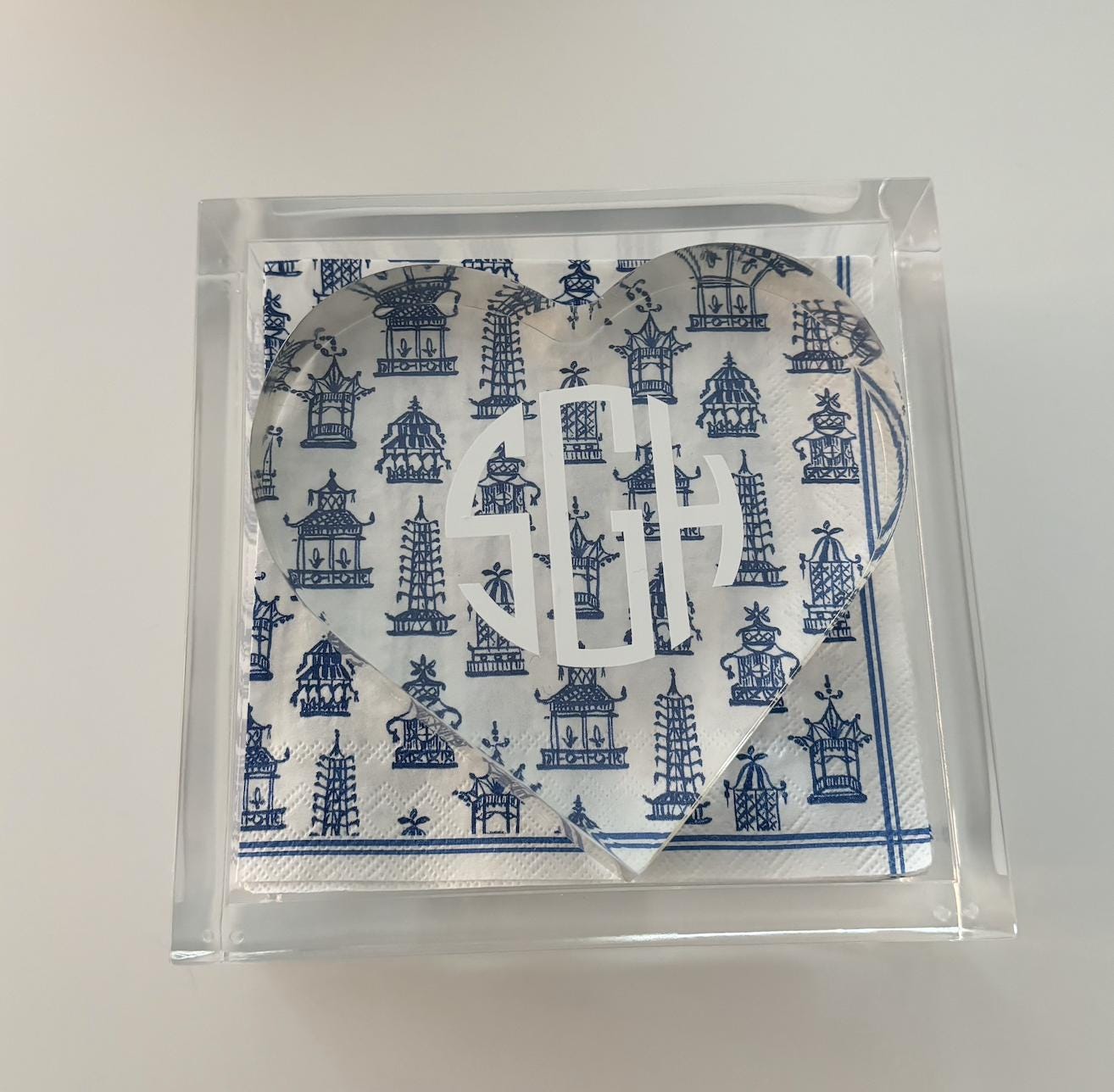 6” x 6” acrylic cocktail napkin holder with modern monogram personalized acrylic heart weight