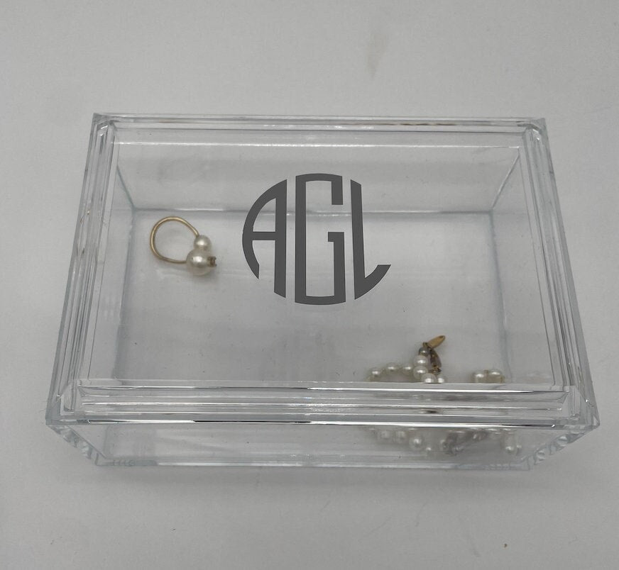 personalized 4" x 6" clear acrylic catchall jewelry box with removable top- modern monogram