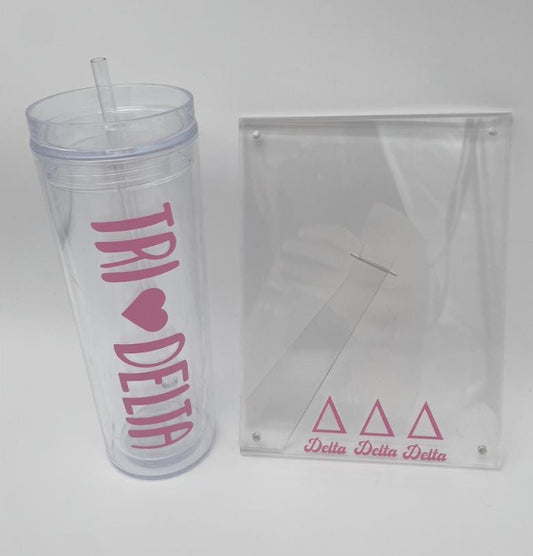 Personalized 18.5 ounce clear plastic bottle with straw- with your sorority on it / this one is Delta Delta Delta