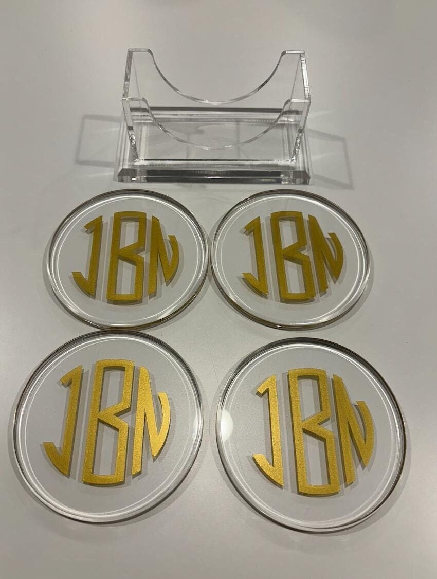 personalized 4" clear acrylic round modern monogrammed coasters - set of 4