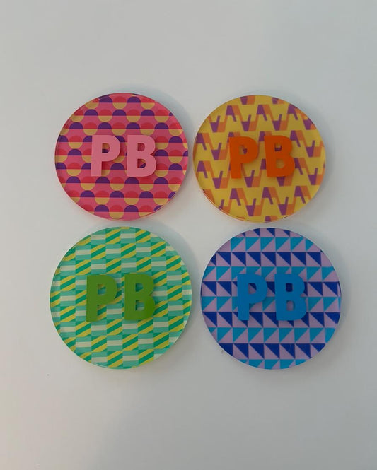 4" clear acrylic round groovy monogrammed coasters - set of 4