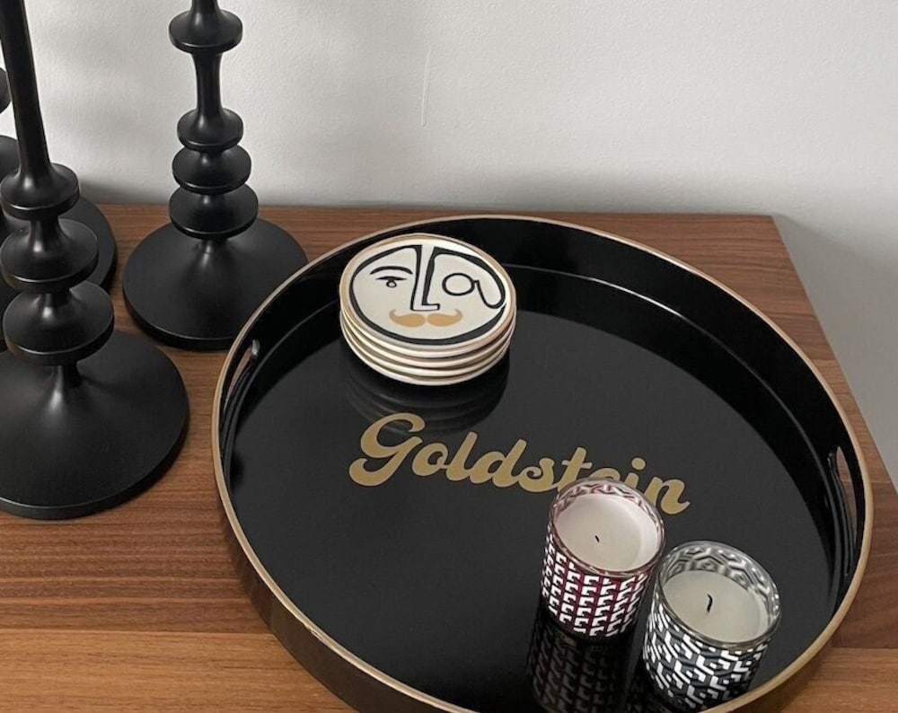 Personalized 13" opaque black and gold round tray