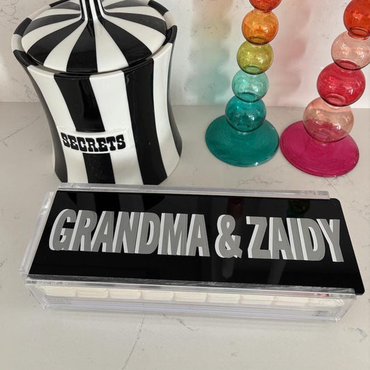 Personalized luxury acrylic rummikub set -custom name on an opaque black lid