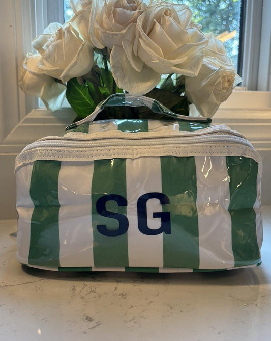 Personalized coated makeup bag with tassle closure- green /white- large