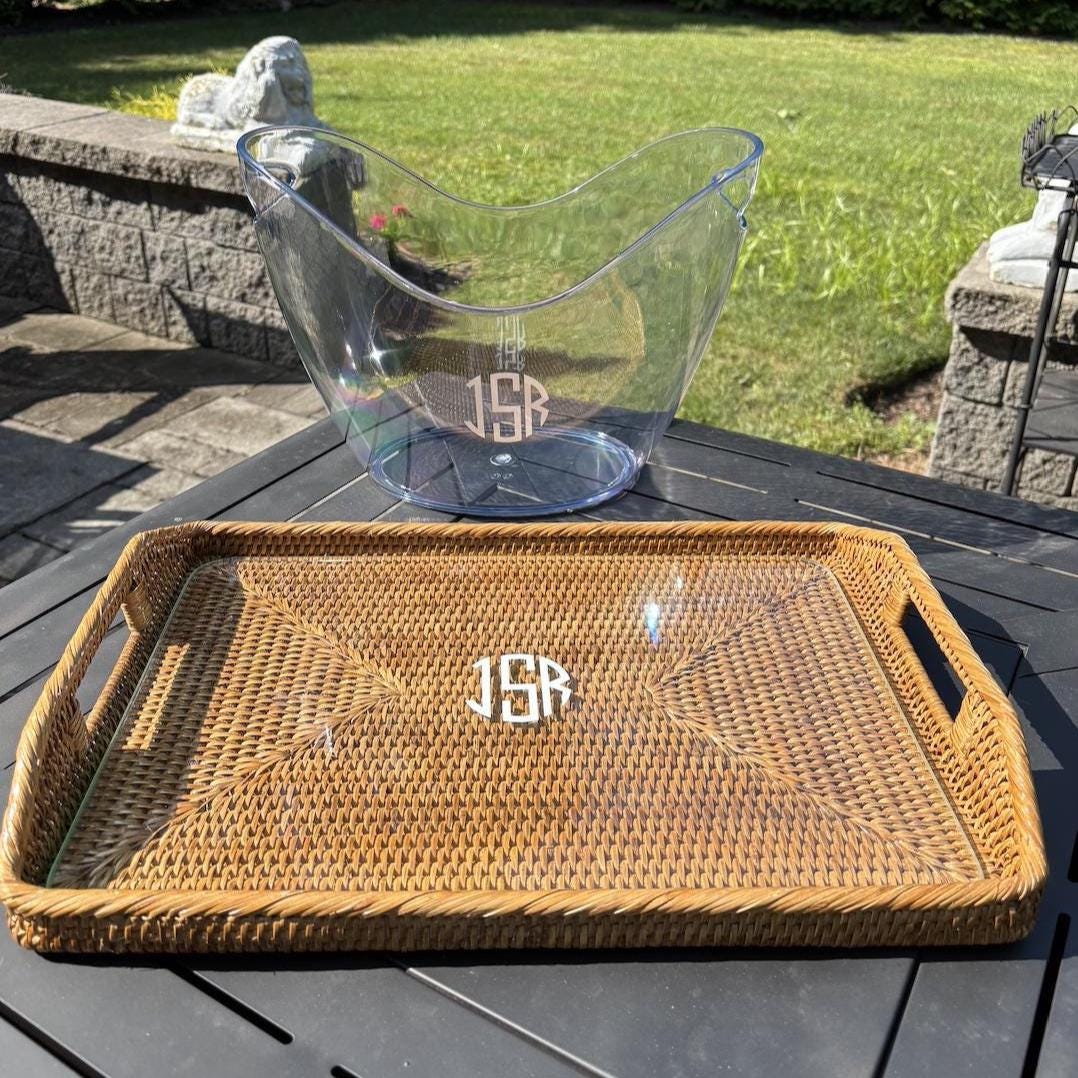 Personalized 17" x 12" x 1" rattan tray with glass insert- modern monogram