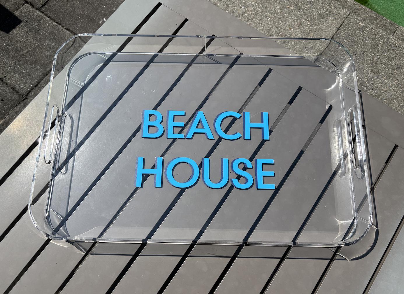 Personalized Acrylic Beach House Tray: Turquoise & Blue Vinyl, 11" x 14"