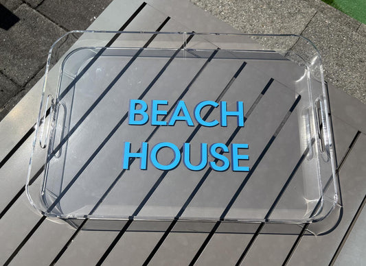 Personalized Acrylic Beach House Tray: Turquoise & Blue Vinyl, 11" x 14"