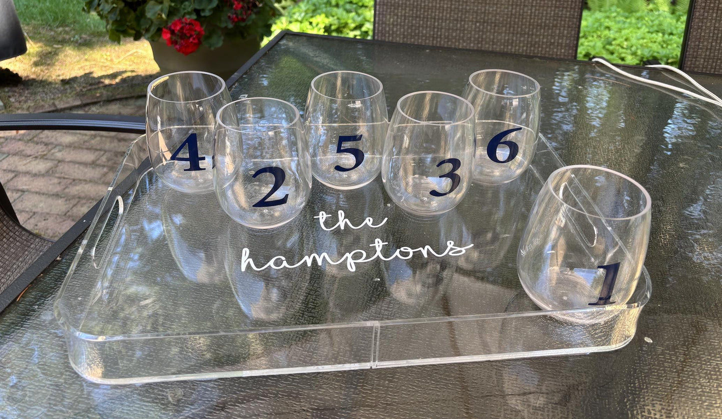 Personalized acrylic tray with your name and 6 stemless wine glasses with numbers