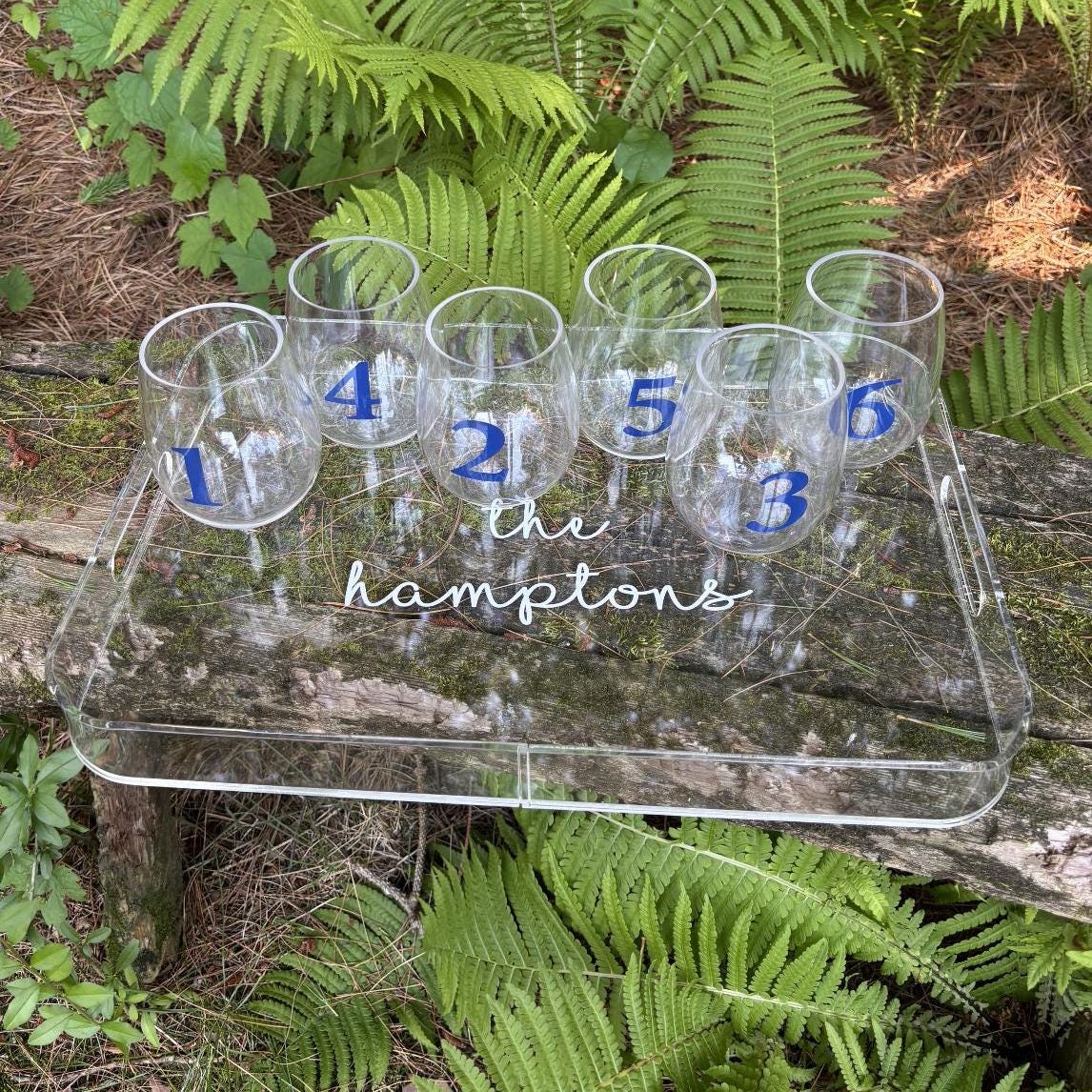 Personalized acrylic tray with your name and 6 stemless wine glasses with numbers