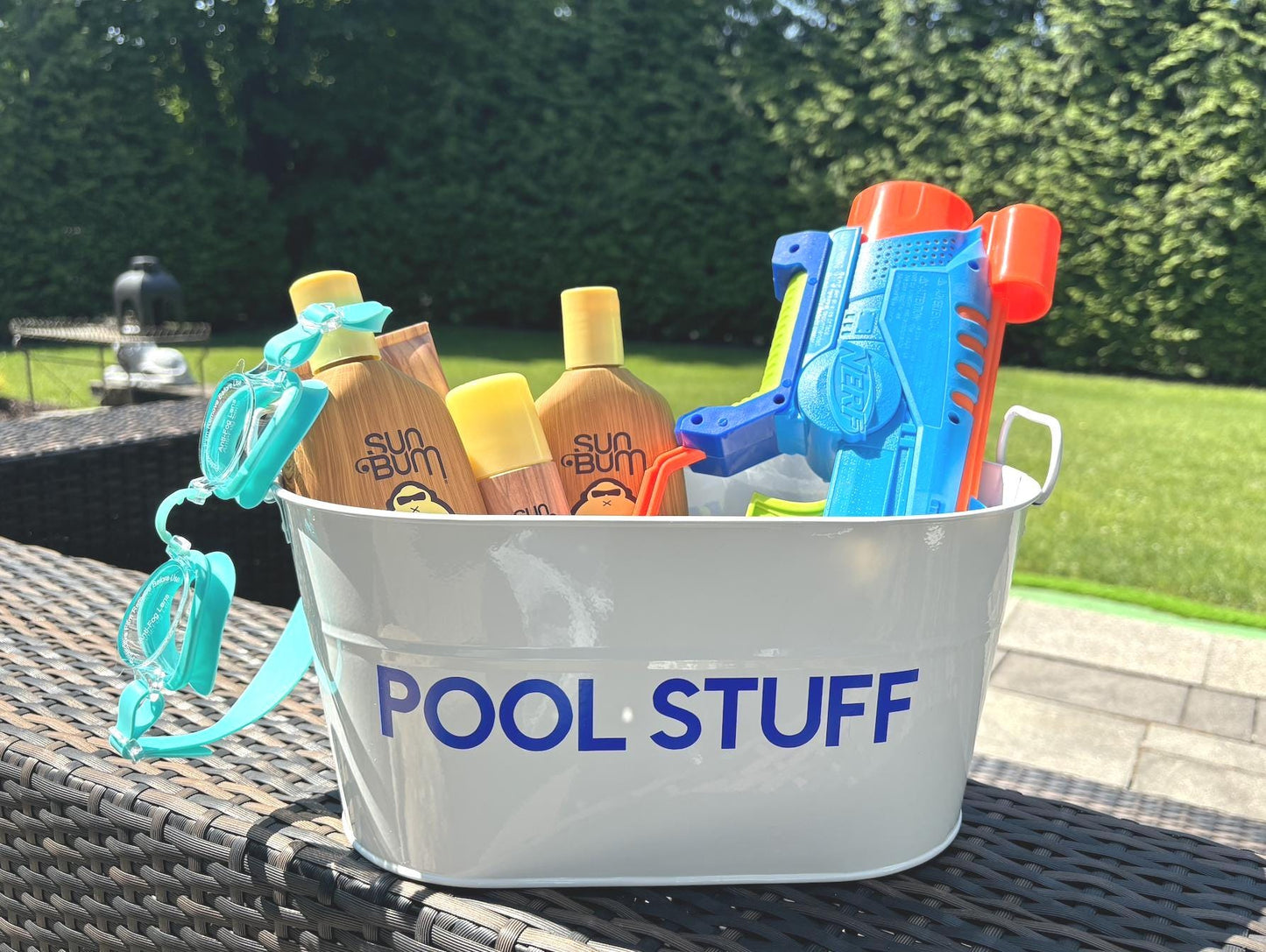 Personalized 12" white galvanized catch all tin - POOL STUFF