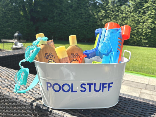 Personalized 12" white galvanized catch all tin - POOL STUFF