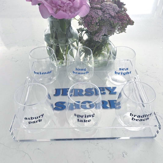 Personalized Acrylic Tray & Stemless Wine Glass Set: Jersey Shore Theme