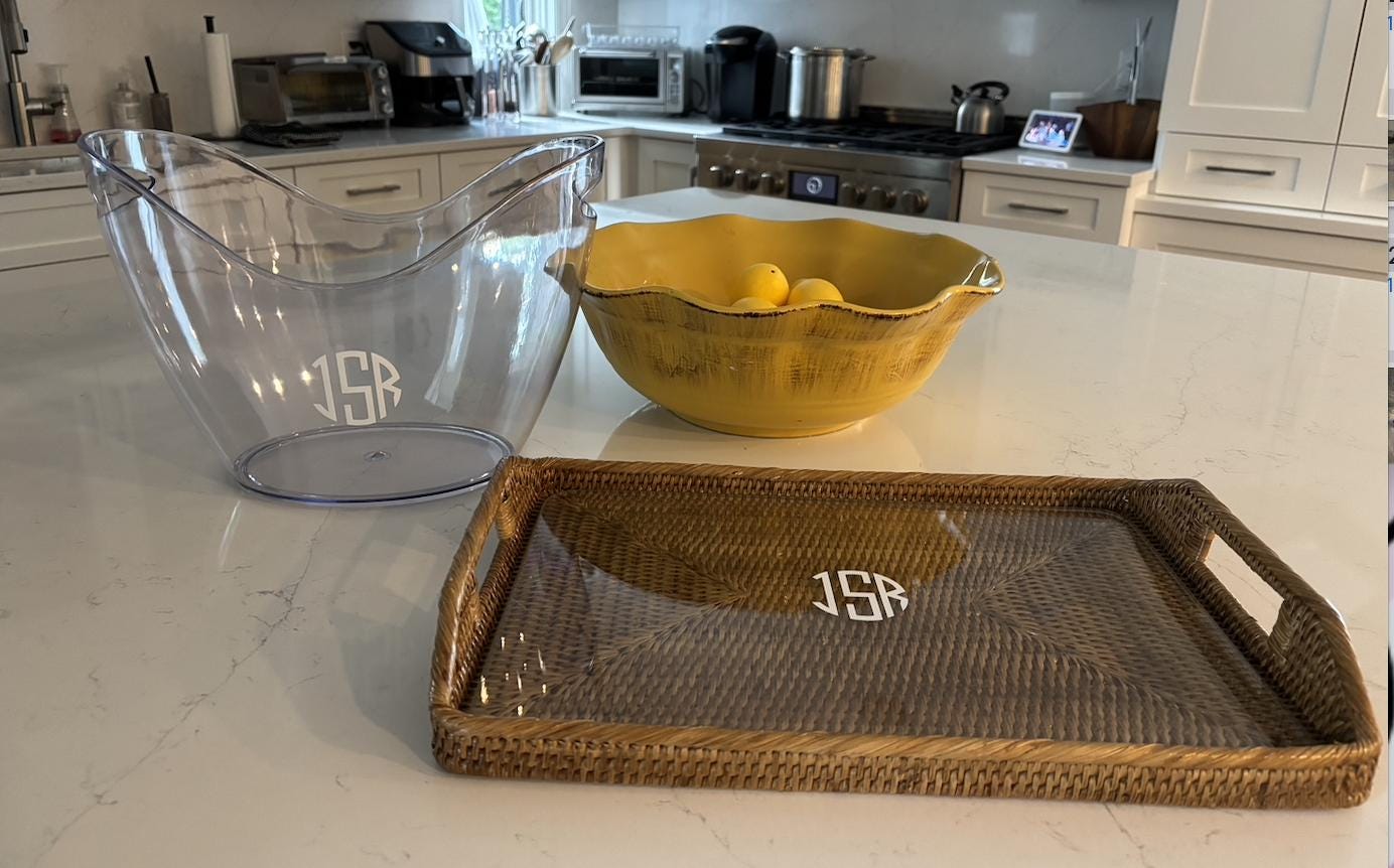 Personalized 17" x 12" x 1" rattan tray with glass insert- modern monogram