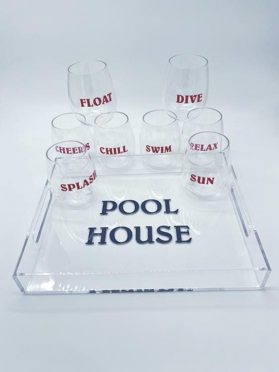 Personalized Acrylic Tray & Wine Glass Set: Pool House Decor
