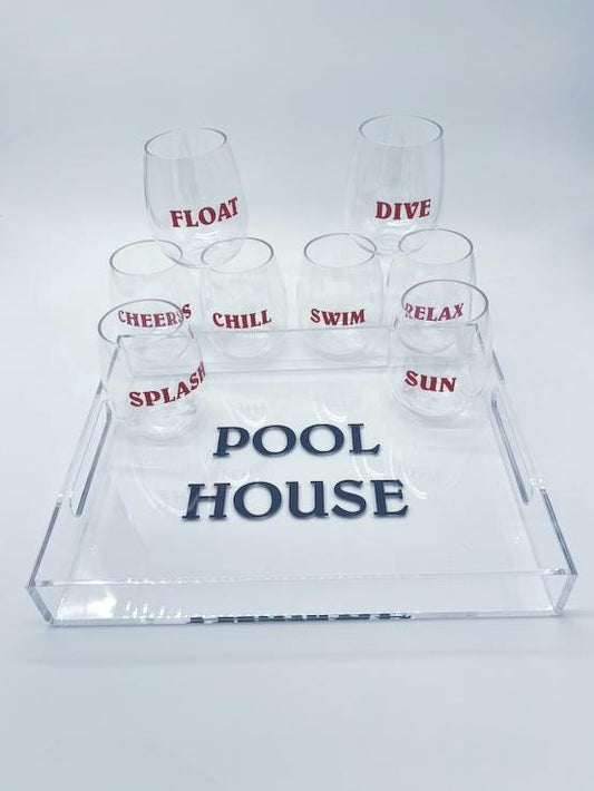 Personalized Acrylic Tray & Wine Glass Set: Pool House Decor