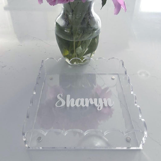 8" x 8" Personalized Acrylic Scalloped Edge tray with Magnetic mat which is perfect for photos
