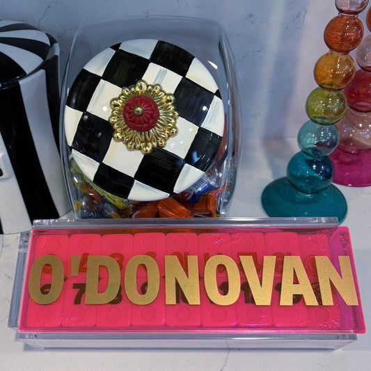 personalized luxury acrylic rummikub set - transparent hot pink