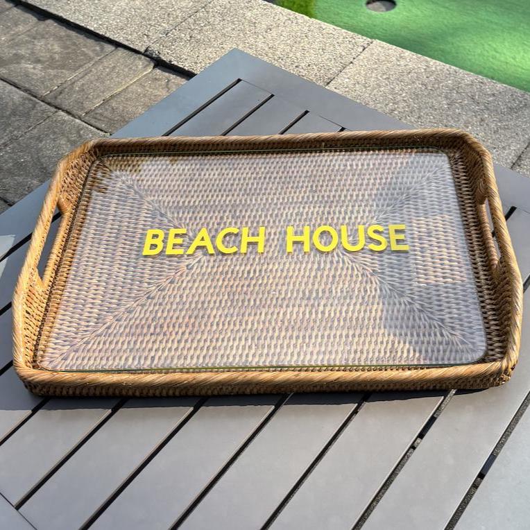 Personalized rattan tray with glass insert - BEACH HOUSE