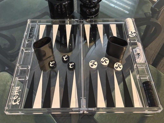 Personalized acrylic backgammon set with tiles monogrammed- clear, black and white-14" game board