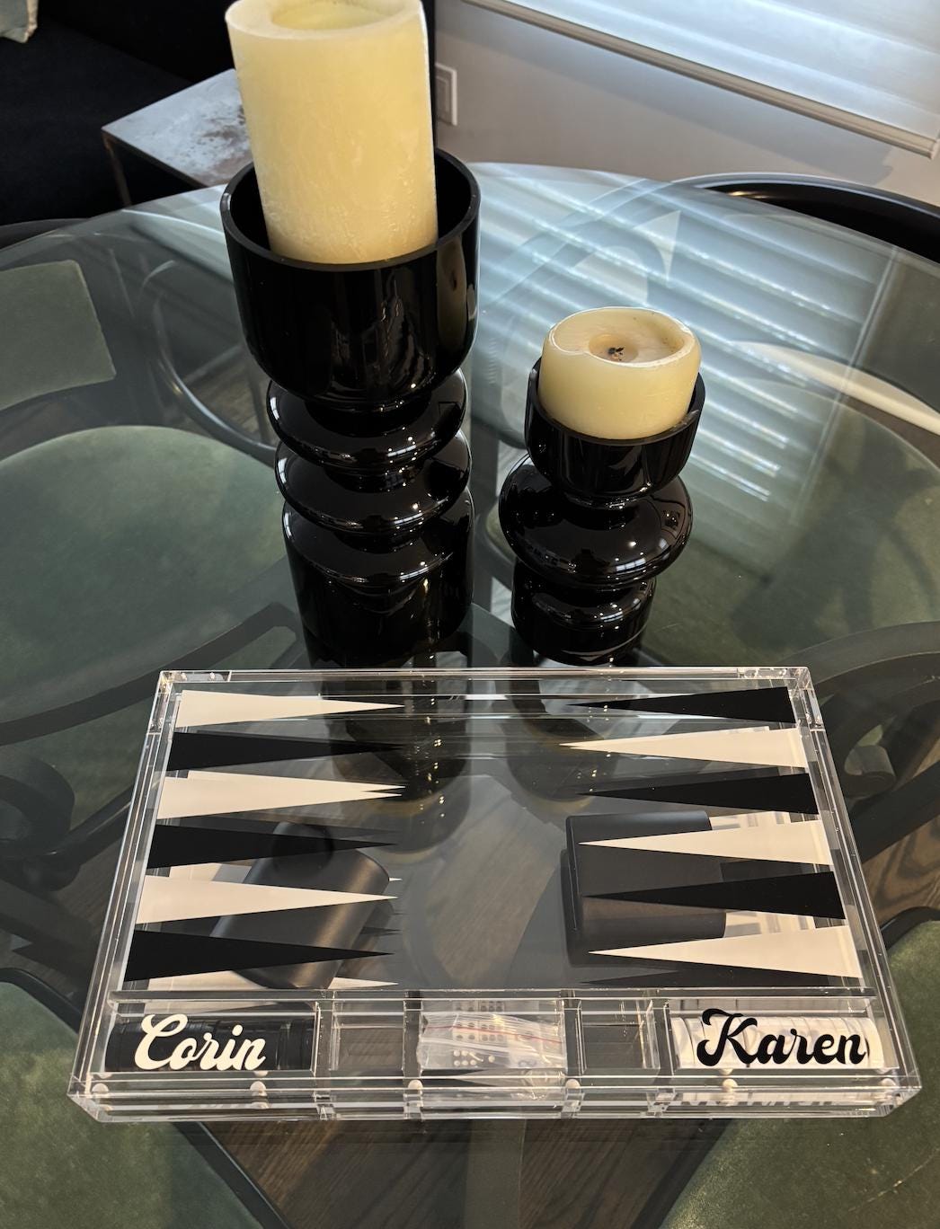 Personalized acrylic backgammon set with tiles monogrammed- clear, black and white-14" game board