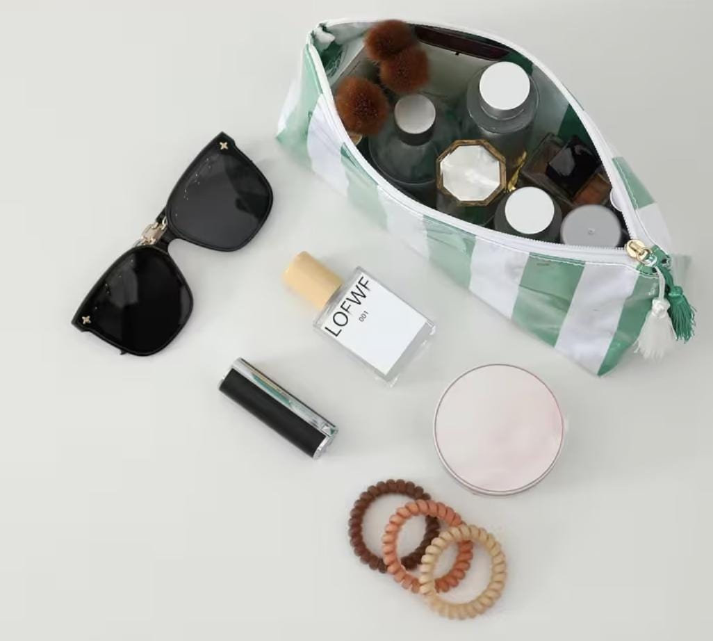 Personalized coated makeup bag with tassle closure- pale pink/white- medium