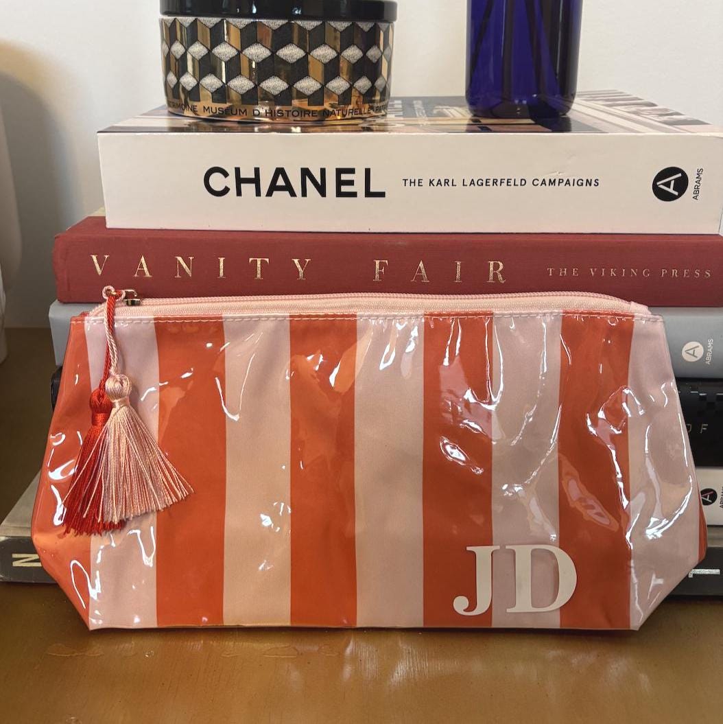 Personalized coated makeup bag with tassle closure- pale pink/red- medium