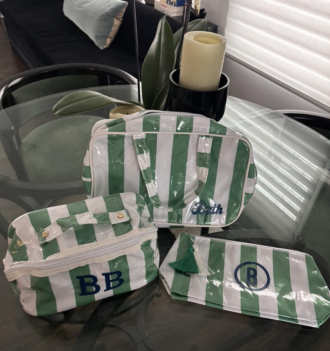 Personalized coated makeup bag with tassle closure- navy/white-  X large